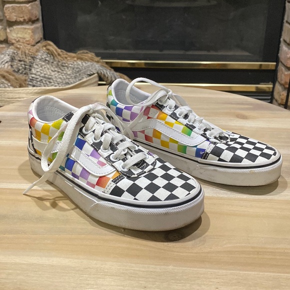 Vans Shoes - Vans Ward Rainbow Checkerboard White Black Multicolor Canvas Women's Size 6